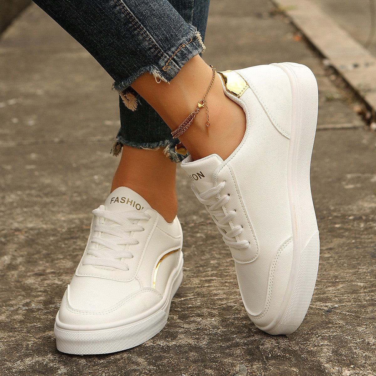 Lace-up White Flats Shoes Fashion Round Toe Slip-on Thick Sole Casual Shoes