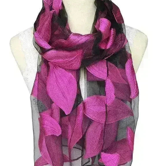 Jacquard Silk Scarf with Leaf Design - Soft Touch