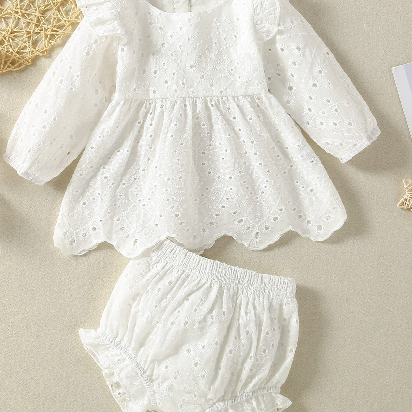 Children's Eyelet Embroidered Ruffled Top and Shorts Set