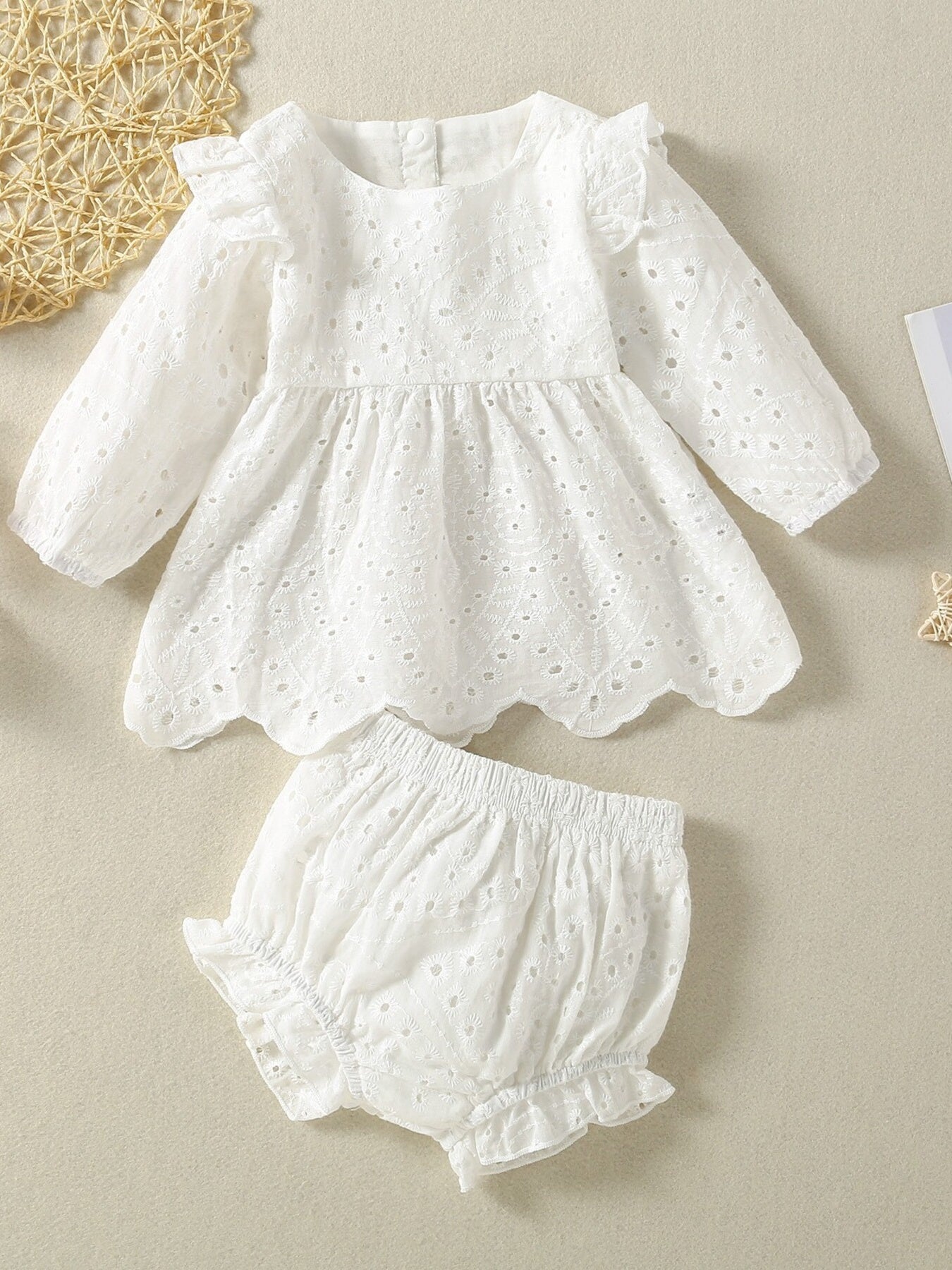 Children's Eyelet Embroidered Ruffled Top and Shorts Set
