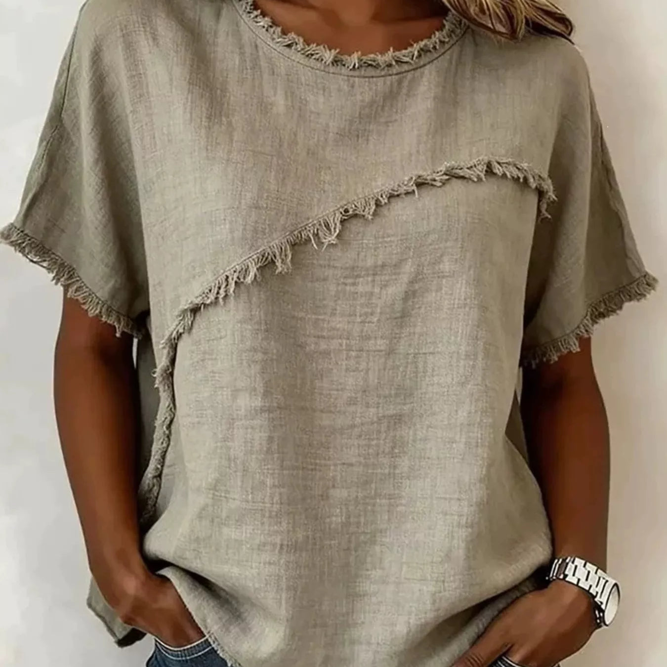 Full Size Frayed Hem Short Sleeve Top Plus Size