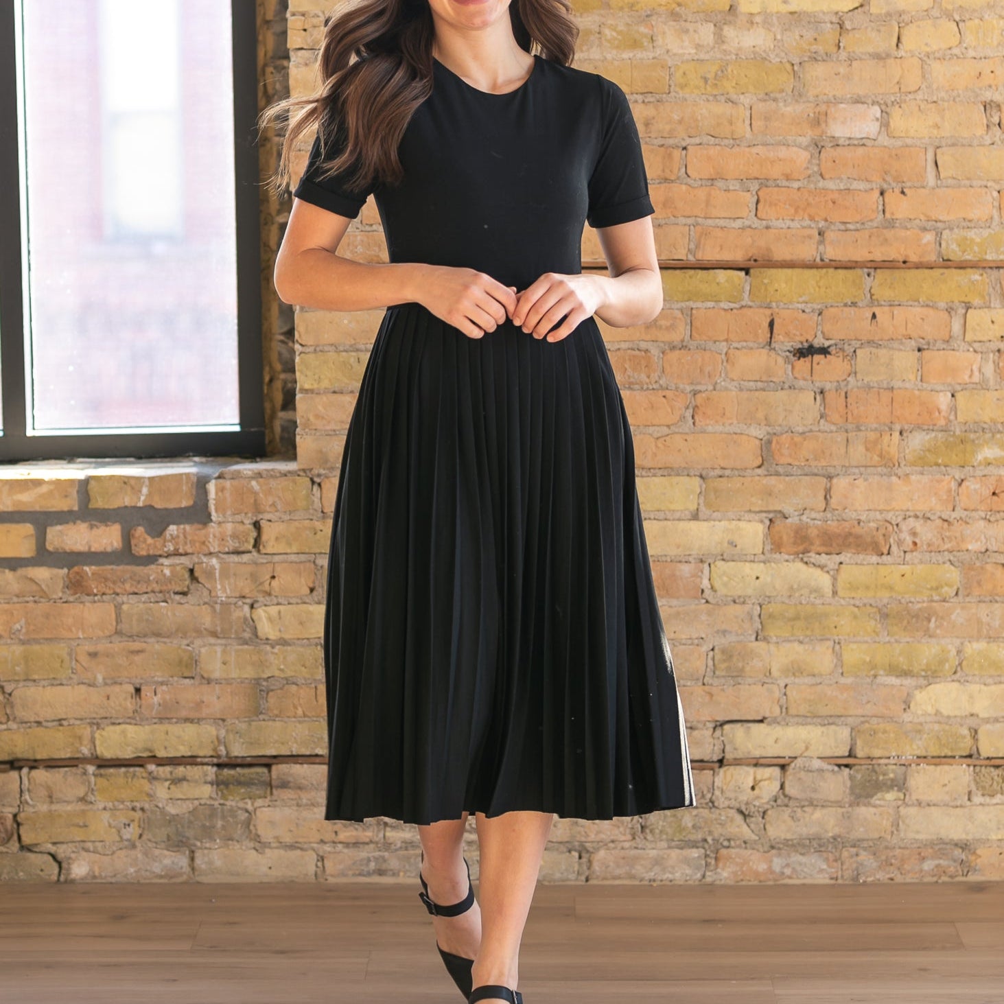 Emersyn Black Pleated Midi Dress