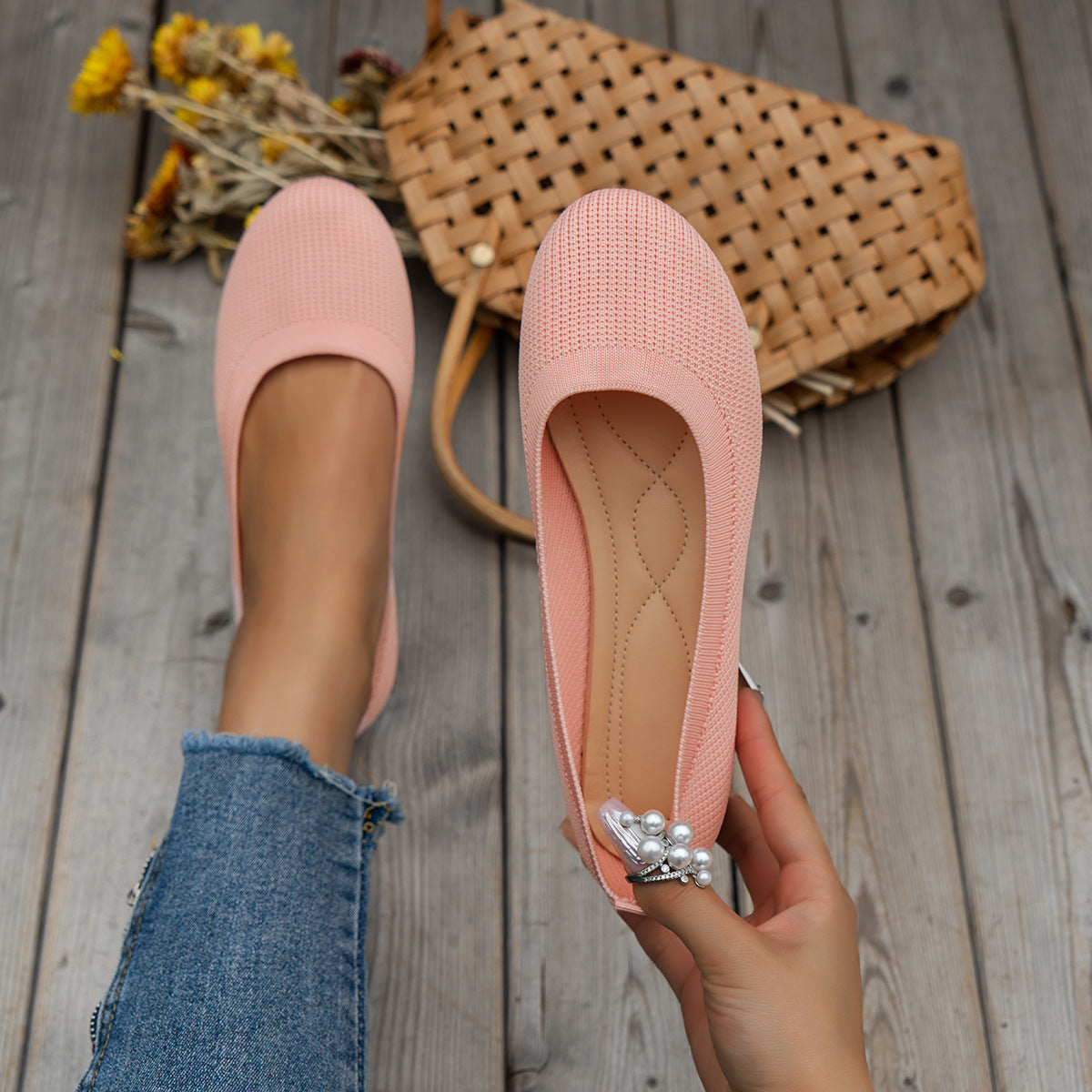 Round Toe Flats Shoes Casual Comfortable Soft Slip On Knit Mesh Shoes For Women