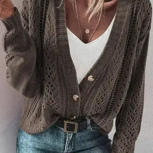 Dark Khaki Cardigan – Open Knit Drop Shoulder Sweater | Cotton-Acrylic Blend