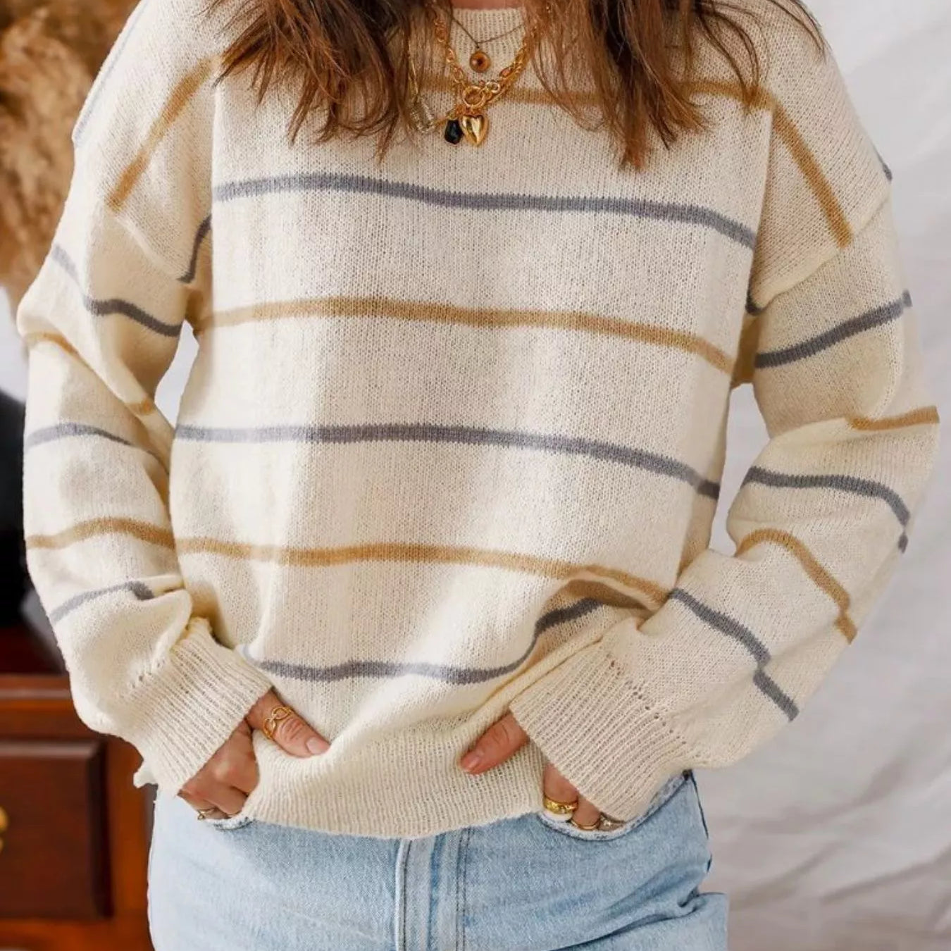 Striped Knit Round Neck Sweater