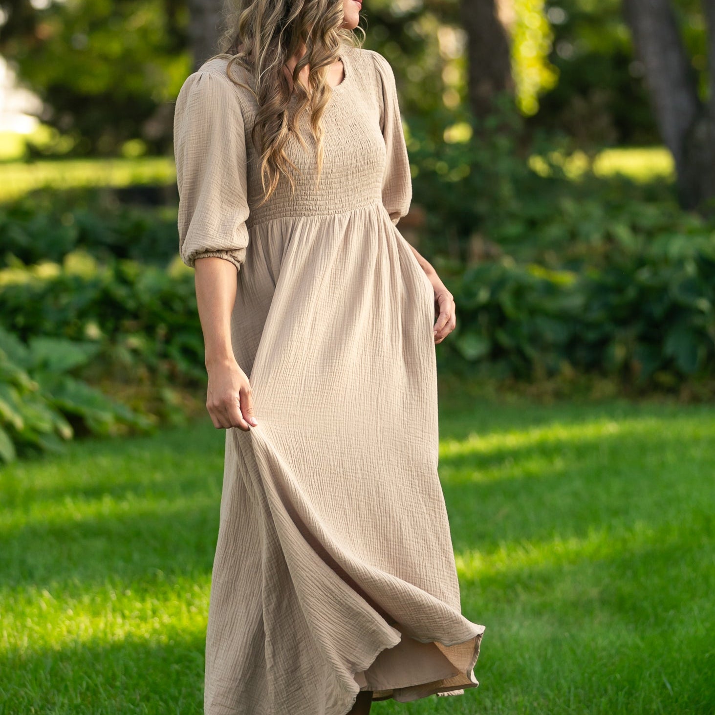 Kayleen Tan Smocked Bodice Gauze Dress