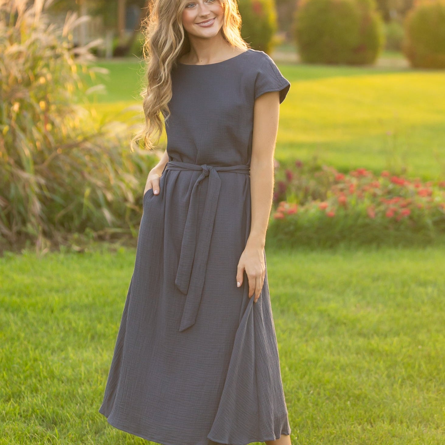 Lily Navy Gauze Belted Midi Dress