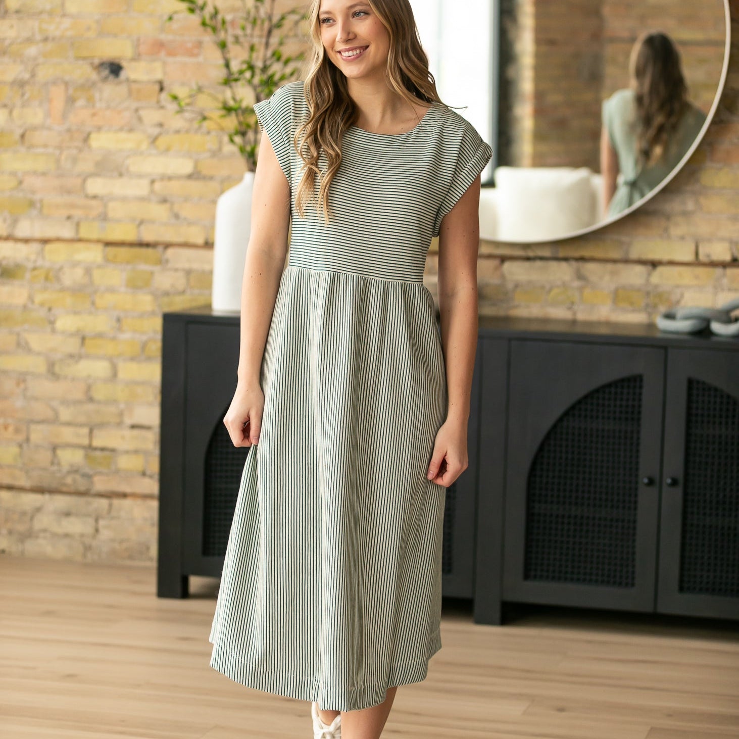 Olivia Green A-line Striped  Midi Dress
