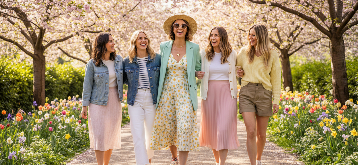 woman in trendy spring outfit walking with friends.